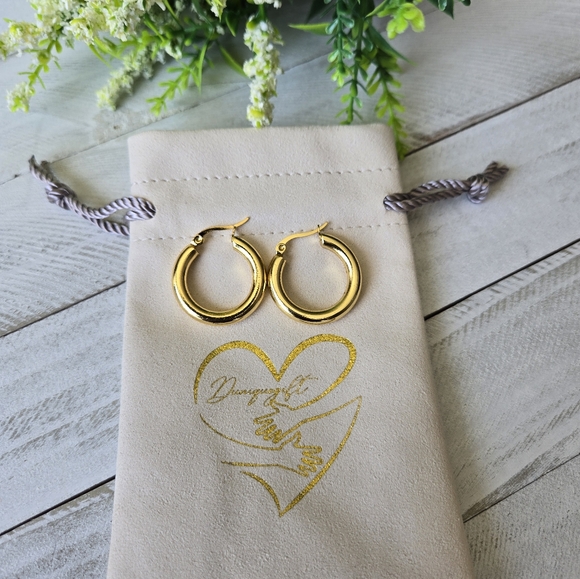18k Gold plated Circle Earrings, Tube Hoop Earrings, Thick Hoops - Picture 2 of 5